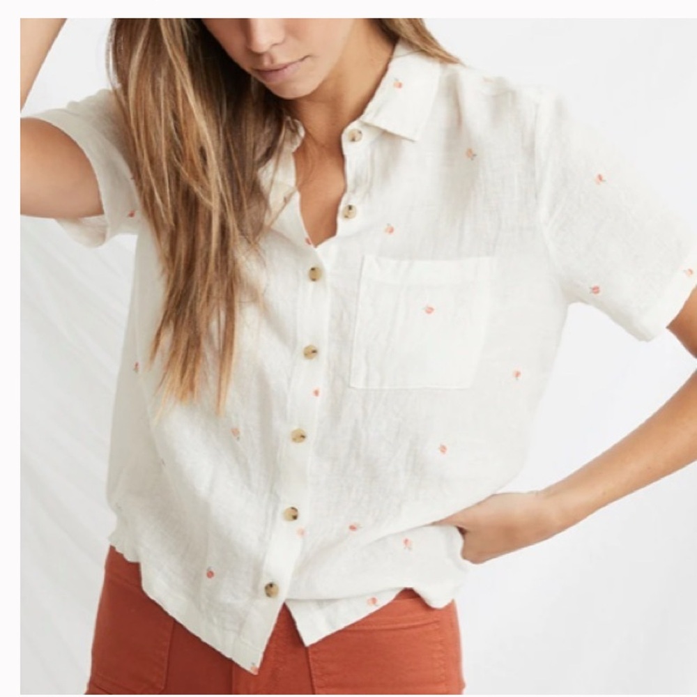 Marine Layer White Button Down Shirt with Red Accents